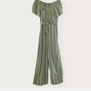 Society+Stitch flutter sleeve striped jumpsuit olive green/white size L